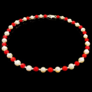17 inches 6-7mm Natural White Round Pearls & Red Bamboo Coral Necklace