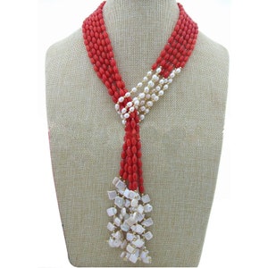 Collar de perlas y cuentas de coral de arroz natural de 42 pulgadas, 3 filas, 4x8 mm