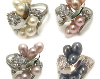8# Natural Fresh Water Rice Pearl Flower Cluster Style Women Ring