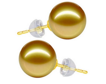 AAA Natural Round Real Golden South Sea Pearl 18K Solid Gold Stud Earring
