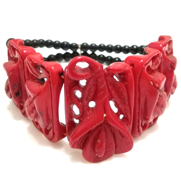 7 inches 20*30mm Stretch Red Flat Hollow out Flower Style Hand Carved Coral Bracelet