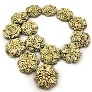 16 inches 8x33mm Ancient Green Flat Flower Carved Turquoise Beads Loose Strand