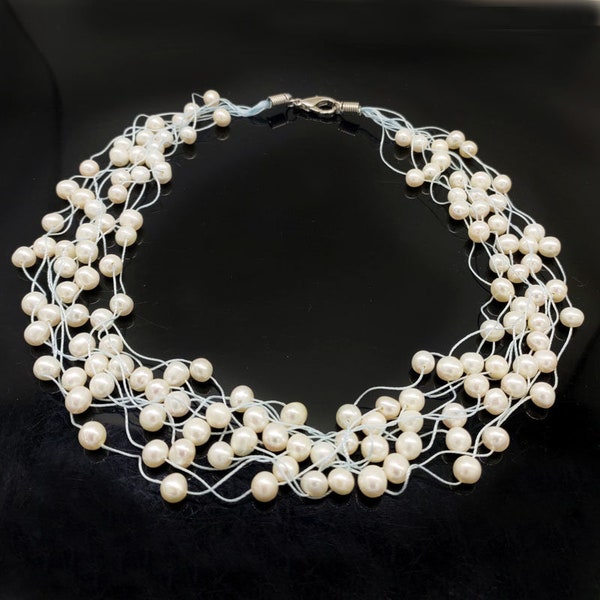 16-18 inches 10 rows 5-6mm Natural White Pearls Tin Cup Necklace