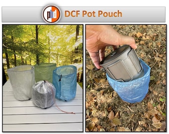 May include: Three lightweight, translucent, blue and white pot pouches made of DCF fabric. The pouches are shown empty and with a pot inside. The pouches are designed to hold a pot for camping or hiking.