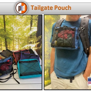 May include: A blue, black, and teal mesh pouch with a zipper closure and adjustable strap. The pouch is designed to be worn on the chest and is labeled "Tailgate Pouch".