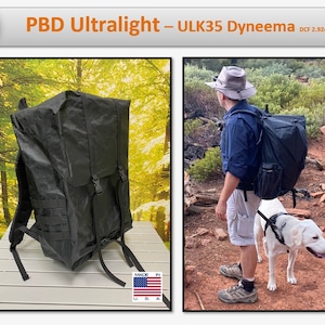 May include: A black ultralight backpack made of Dyneema fabric, with a capacity of 35 liters and weighing 2.92 ounces. The backpack is shown on a wooden table and being worn by a person hiking in a forest.