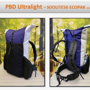 May include: A blue and white ultralight backpack with black straps and a water bottle holder. The backpack is labeled "PBD Ultralight - SOOLITE50 ECOPAK EPX200".