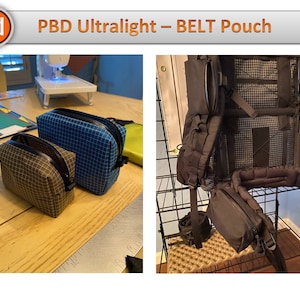 May include: Two small zippered pouches, one blue and one brown, are shown on a wooden surface. The pouches are made of a lightweight, grid-patterned fabric. The text "PBD Ultralight - BELT Pouch" is visible at the top of the image.