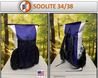 May include: A blue and white waterproof backpack with a black mesh back panel. The backpack is shown in two views, one from the front and one from the side. The backpack is labeled "SOOLITE 34/38".