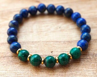 Couple Malachite/Lapis Lazuli Natural Gemstone Bracelet 6-9'' Elasticated Reiki Couple Malachite/Lapis Lazuli Natural Gemstone Bracelet 6-9'' Elasticated Reiki
