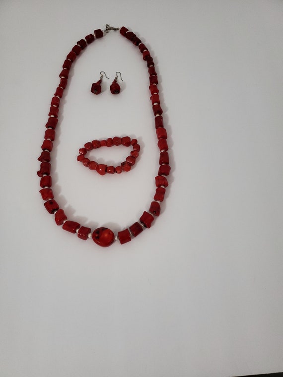 Red Coral, silver and pearl necklace earring and … - image 10