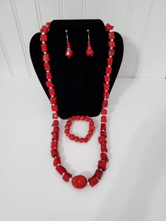 Red Coral, silver and pearl necklace earring and … - image 3