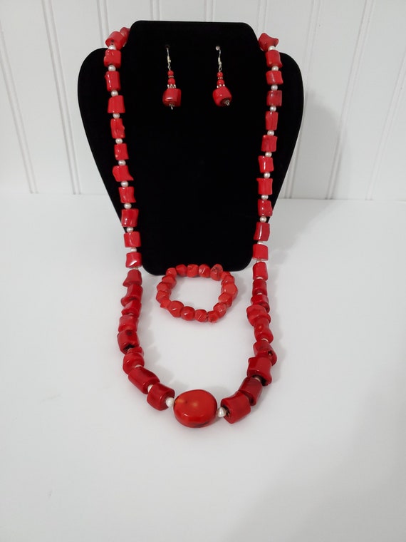 Red Coral, silver and pearl necklace earring and … - image 9