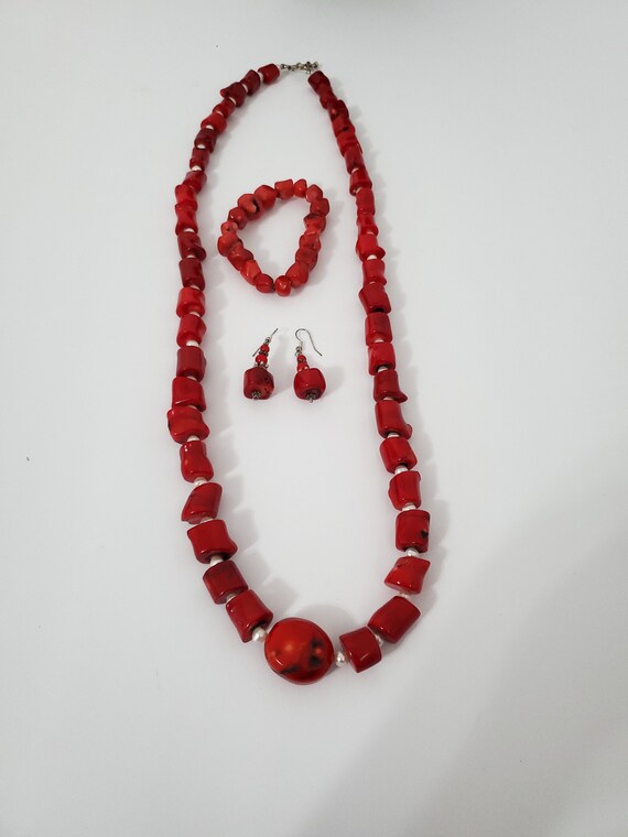 Red Coral, silver and pearl necklace earring and … - image 2