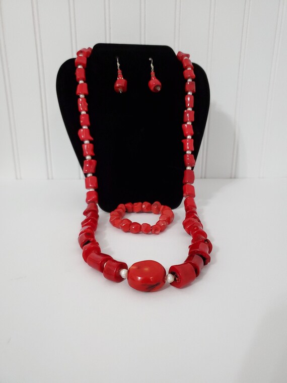 Red Coral, silver and pearl necklace earring and … - image 1