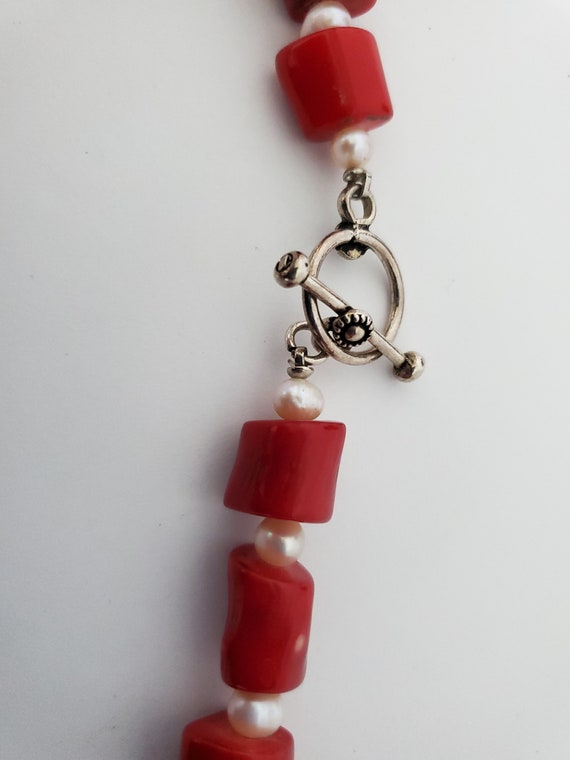 Red Coral, silver and pearl necklace earring and … - image 7