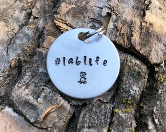 hashtag # lablife pendant necklace hand stamped on round 1" tag with choice of symbol handmade dog breed options corgi chihuahua pug pitbull