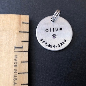 minimalist personalized dog id tag for collar with name and phone number on reverse hand stamped aluminum round 1 lost pet cat dog tag image 6