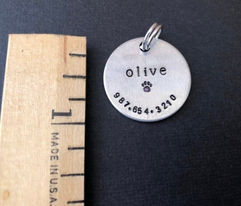 minimalist personalized dog id tag for collar with name and phone number on reverse hand stamped aluminum round 1 lost pet cat dog tag image 6