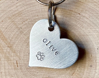 a simple personalized heart dog id tag for collar with name and phone number symbol hand stamped lightweight aluminum 1.25" lost pet cat tag