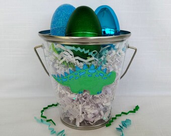 Hand Painted Easter Basket Gift Set Options for Boy Girl Tween Teen Adult DINOSAUR Personalized Easter Pail with Handmade Bracelet