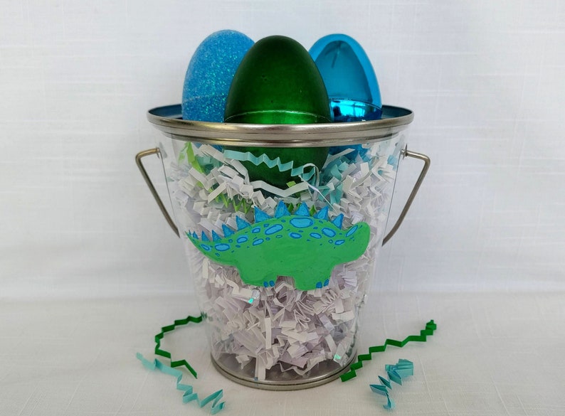 Hand Painted Easter Basket Gift Set Options for Boy Girl Tween Teen Adult DINOSAUR Personalized Easter Pail with Handmade Bracelet