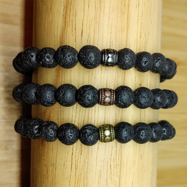 Mens Lava Stone & Carved Metal Bracelets, Brass Copper Gunmetal, Essential Oil Diffuser Aromatherapy, Make it a GIFT SET with Oil Add-On