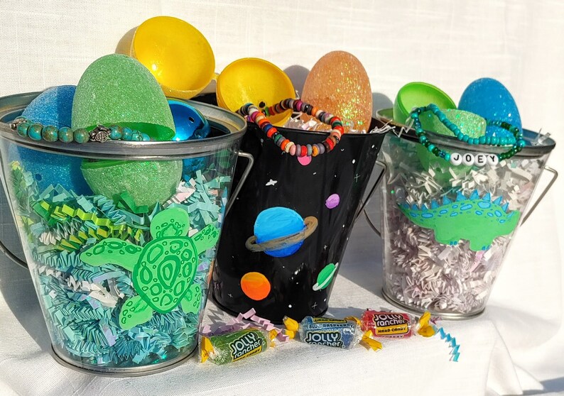 Hand Painted Easter Basket Gift Set Options for Boy Girl Tween Teen Adult DINOSAUR Personalized Easter Pail with Handmade Bracelet