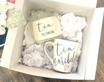 Tia Mas chingona Kaars & Mok geschenkdoos, Tia voorstel zwangerschap onthullen Gift Tia Definition Geschenken voor tante Gepersonaliseerde tante Zwangerschap Titi