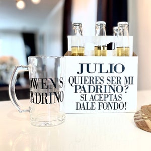 Padrino Beer Mug & Six pack Craft Cardboard Beer Caddy Proposal, Chug to accept, Will you be my Madrina Padrino Proposal Personalized beer