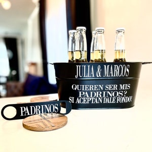Padrinos Metal Beer Caddy & Opener Proposal, Chug to accept, Quieres Ser mi Padrino Madrina Propuesta Personalized beer caddy, godfather