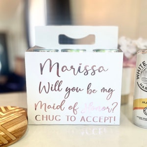 Bridesmaid Maid of Honor Six pack Craft Cardboard Caddy Proposal, Chug to accept, Will you be in my bridal party, Wedding Proposal, bride