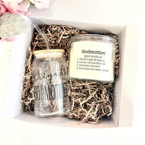 Godmother Candle & Glass with Bamboo Lid Glass Straw, Godmother Gift, Godmother Proposal, Will You Be My Godmother, Madrina, Can Shaped