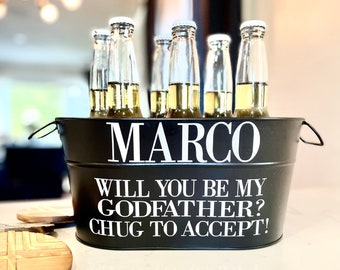 Godfather Metal Beer Caddy Proposal, Chug to accept, Will you be my Padrino Nino Propuesta Personalized beer caddy, godfather gift Compadre