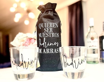 Padrinos de Arras Liquor Bridal Themed Proposal Madrina Padrino Liquor bag & Glasses Padrinos de Honor, Biblia, Boda, Lazo, Velacion Anillos