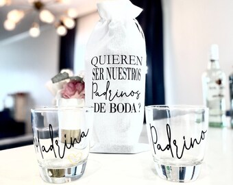 Padrinos de Boda Liquor Bridal Themed Proposal Madrina Padrino Liquor bag & Glasses Padrinos de Arros, Biblia, Honor, Lazo, Velacion Anillos