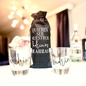 Padrinos de Arras Liquor Bridal Themed Proposal Madrina Padrino Liquor bag & Glasses Padrinos de Honor, Biblia, Boda, Lazo, Velacion Anillos