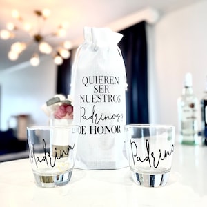 Padrinos de Honor Liquor Bruidsthema Voorstel Madrina Padrino Liquor bag & Glasses Padrinos de Arros, Biblia, Boda, Lazo, Velacion Anillos