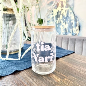 Tia Titi Glass with Bamboo Lid & Glass Straw, Auntie Aunt Can Shaped Pregnancy Announcement, Promoted to, Baby announcement Auntie to be