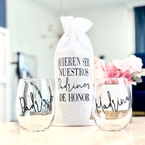 Padrinos de Honor Bridal Boda Wine Themed Proposal, Madrina Padrino Wine Bag & Glasses, Quieren ser mis Padrinos de Arros, Anillos, Biblia