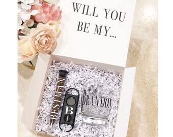 Conjunto de regalo temático de cigarro de whisky de padrinos de boda, cigarro de padrinos de boda, propuesta de fiesta nupcial, será usted propuesta, mejor regalo de hombre, cigarro de boda, whisky