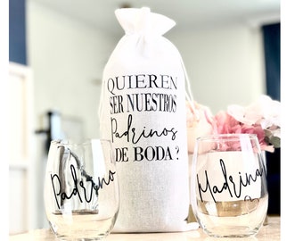 Padrinos de Boda Bridal Wine Themed Proposal, Madrina Padrino Wine Bag & Glasses, Quieren ser mis Padrinos de Arros, Anillos, Biblia, Honor