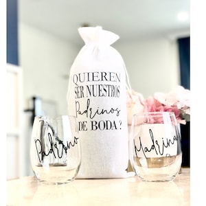 Padrinos de Boda bruidswijn themavoorstel, Madrina Padrino Wine Bag & Glasses, Quieren ser mis Padrinos de Arros, Anillos, Biblia, Honor