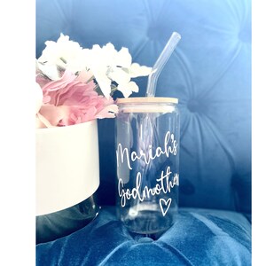 Personalized Godmother Glass with Bamboo Lid Glass Straw, Godmother Gift, Godmother Proposal, Will You Be My Godmother, Madrina, Can Shaped