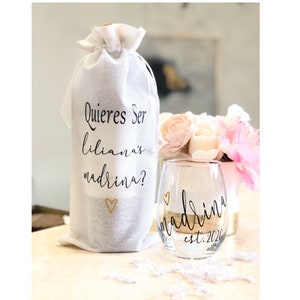 Propuesta temática de vino Madrina, bolsa de vino y copa de madrina, regalo de madrina, propuesta de madrina, serás mi madrina, propuesta de Madrina