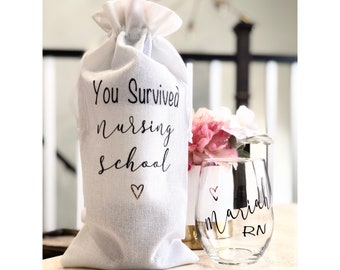 You Survived Nursing School Wine Glass & Bag, Congratulations Nurse Gift, Registered Nurse Gift, Nurse Practitioner Gift, Clinical Gift,