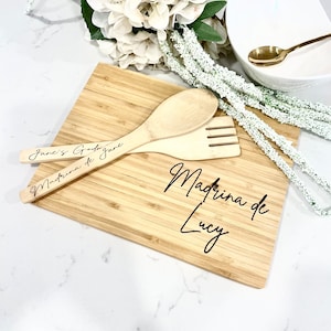 Madrina Laser Engraved Cutting Board & Spoons, Charcuterie Board Godmother Bamboo cutting Board Proposal Godmother Gift Personalized Serving