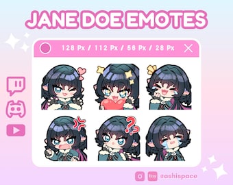 Pode incluir: Um conjunto de nove emoticons animados que apresentam um personagem de desenho animado com diferentes expressões. O personagem tem cabelo azul escuro, bochechas rosadas e usa uma roupa azul escura e branca. Os emoticons são de vários tamanhos, incluindo 128 pixels, 112 pixels, 66 pixels e 28 pixels.