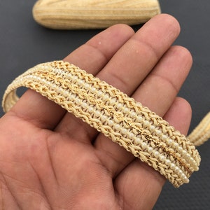 By Yard Antique Gold Woven With White Beaded  Ribbon Lace Trim For Crafting,Sewing With Beautiful Design Used In Different Artifacts