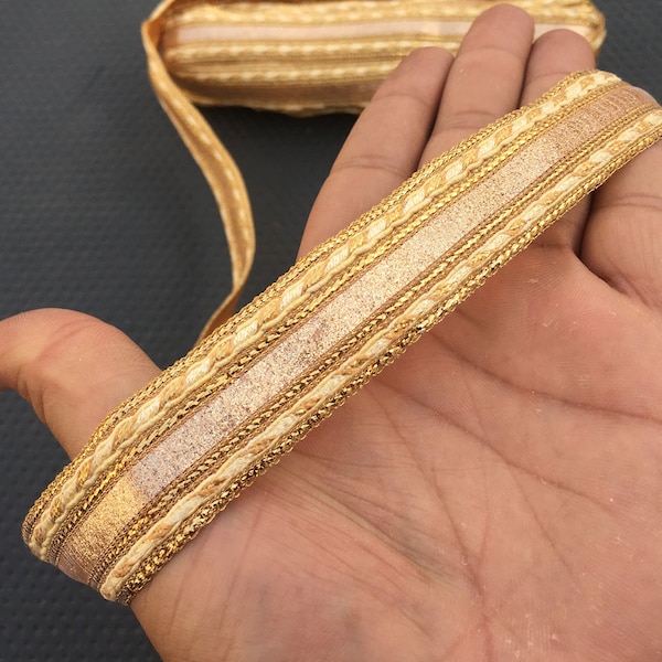 Golden Woven Jacquard Trim, Indian Embroidery Ribbon, Silver Border, By The Yard